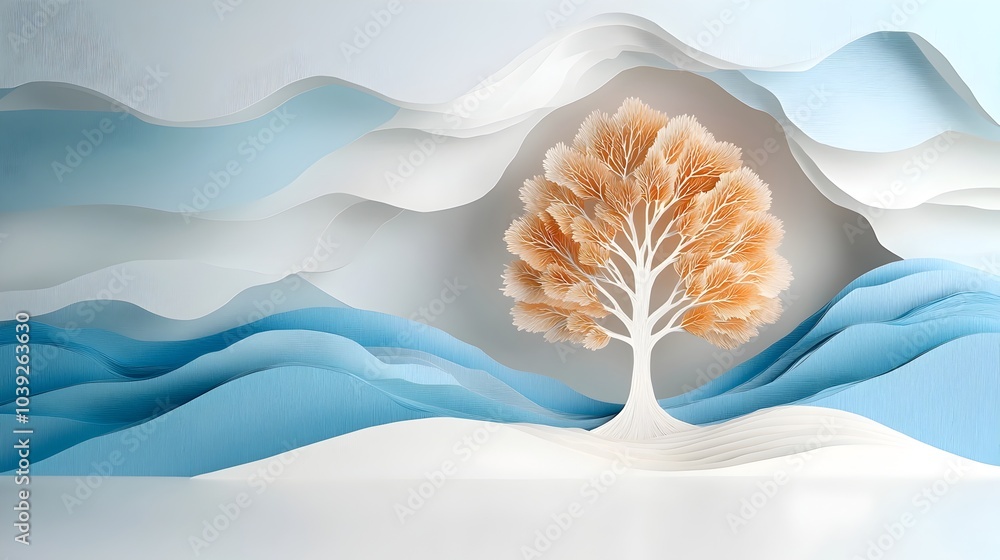 Poster symmetrical tree with mirrored layered branches and paper cut textures creates a modern abstract nat
