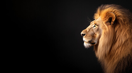 Fototapeta premium This image features a powerful male lion in profile, set against a stark black background. His thick, flowing mane is illuminated by dramatic lighting, which also highlights his piercing yellow eyes,