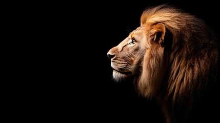 Fototapeta premium This image features a powerful male lion in profile, set against a stark black background. His thick, flowing mane is illuminated by dramatic lighting, which also highlights his piercing yellow eyes,