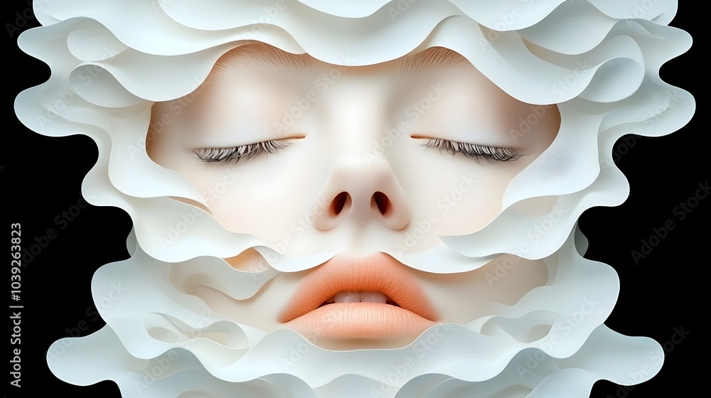 Poster minimalist and symmetrical abstract face silhouette with detailed paper cutout layers in a monochrom