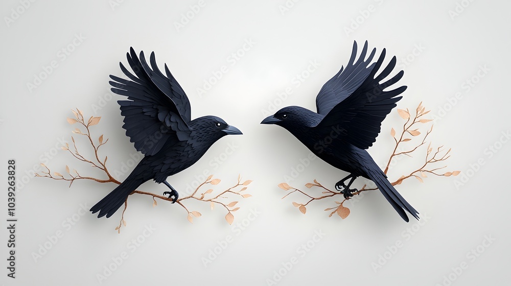 Poster minimalist and modern artwork featuring the symmetrical silhouette of two birds flying in a layered 