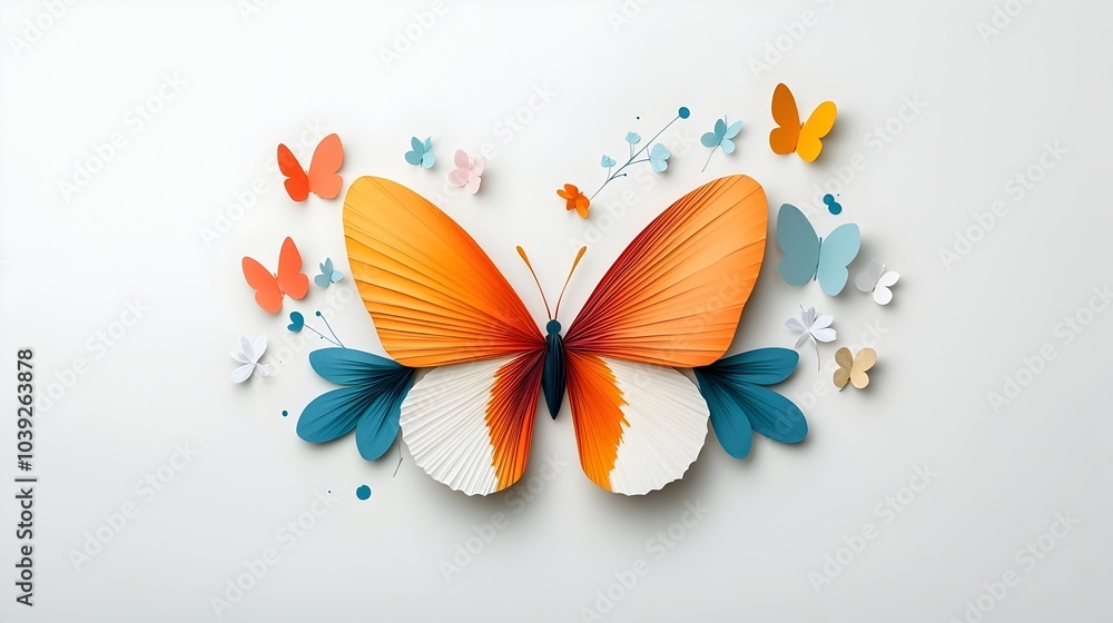 Poster stunning vibrant butterfly wings in a symmetrical paper cut style with intricate layers and patterns