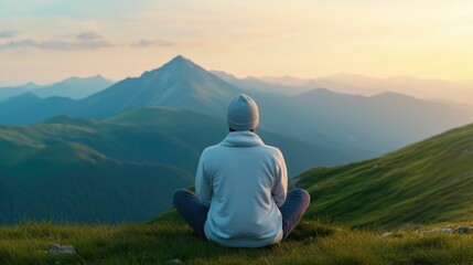 Fototapeta premium A person sitting in a meditative pose gazing out at a breathtaking mountain landscape during a stunning sunrise or sunset The scene evokes a deep sense of tranquility serenity