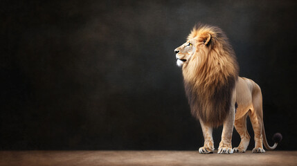Obraz premium A male lion, viewed in profile against a black backdrop, stands tall with a flowing mane and fierce yellow eyes. His gaze is fixed, exuding strength and authority. The deep shadows created by the