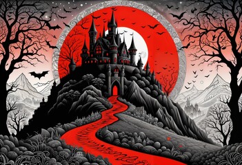 Spooky castle with pointed towers sits atop a hill,  moon looms behind it, casting long shadows. The winding path leading to the castle is lined with gravestones, Generative AI