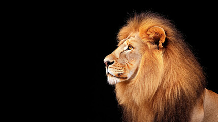 This dramatic image of a male lion in profile shows his thick, majestic mane cascading around his face, illuminated by bold lighting. His sharp yellow eyes gaze outwards, filled with intensity and