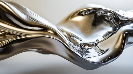 Abstract silver and gold liquid flowing in waves on a white background.