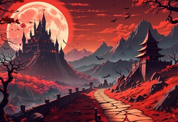 Spooky castle with pointed towers sits atop a hill,  moon looms behind it, casting long shadows. The winding path leading to the castle is lined with gravestones, Generative AI