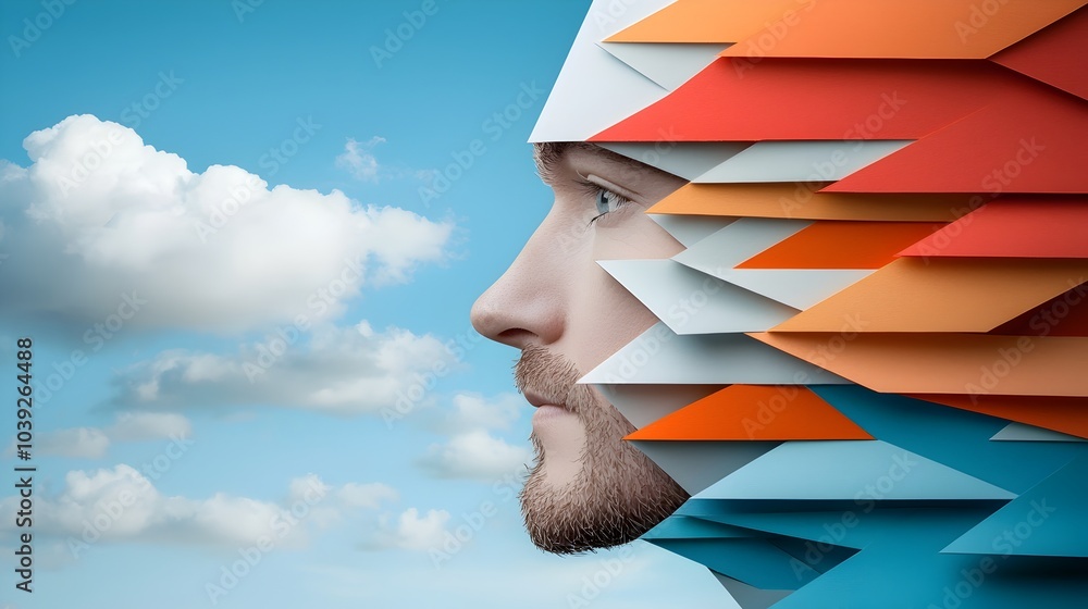 Poster symmetrical silhouette of a human face layered with intricate paper cut geometric patterns and shape