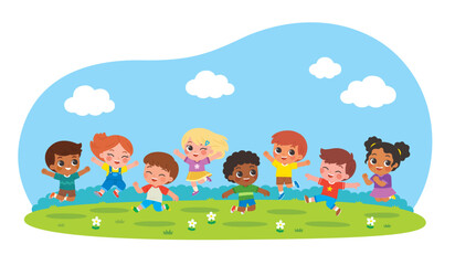 Group of Happy boys and girls standing and jumping. Collection back to School of kindergarten. Children with different jumping poses. Children's activities.
