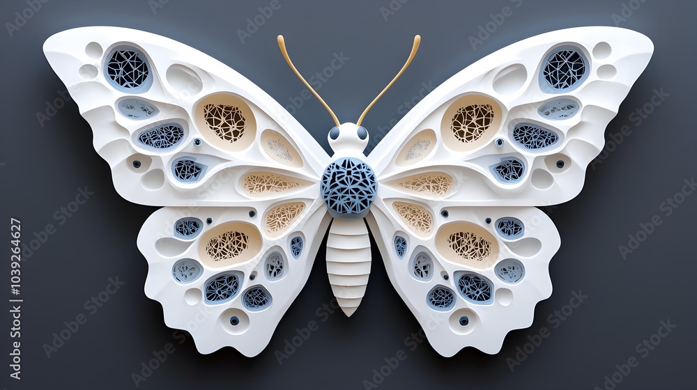 Poster intricate and symmetrical butterfly silhouette with detailed fractal patterns and layered paper cuto