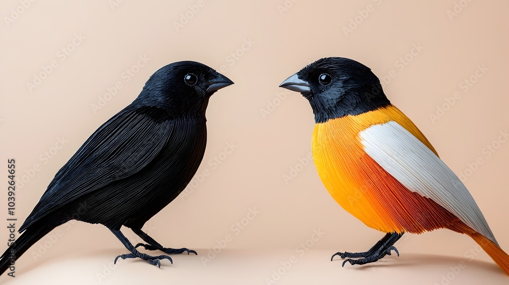 Poster captivating symmetrical bird silhouettes with layered paper cut wings facing each other creating a s