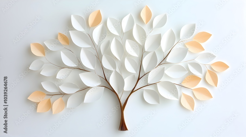Poster symmetrical tree with mirrored branches and delicate paper cut leaves creating a natural balance and