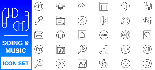Music and audio line icons collection. Big UI icon set in a flat design. Thin outline icons pack.