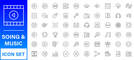 Music and audio line icons collection. Big UI icon set in a flat design. Thin outline icons pack.