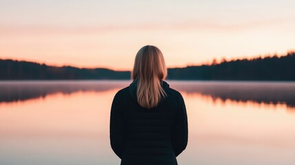A woman silhouetted against a serene lakeside at sunrise her posture and expression conveying a sense of inner peace and mental clarity amidst the tranquil natural surroundings