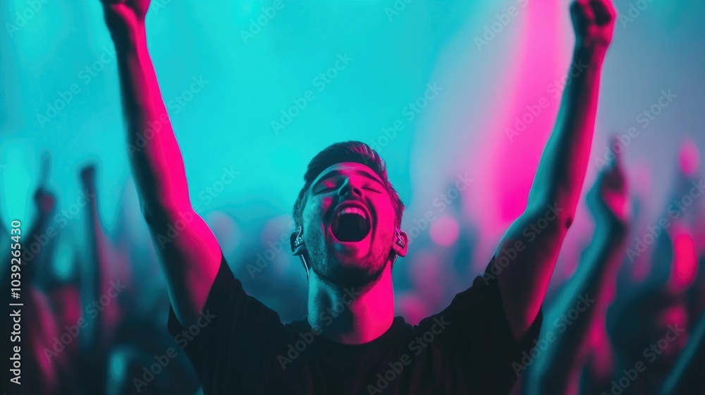 Poster captivating crowd of concertgoers radiating excitement and at a lively live music event with hands r