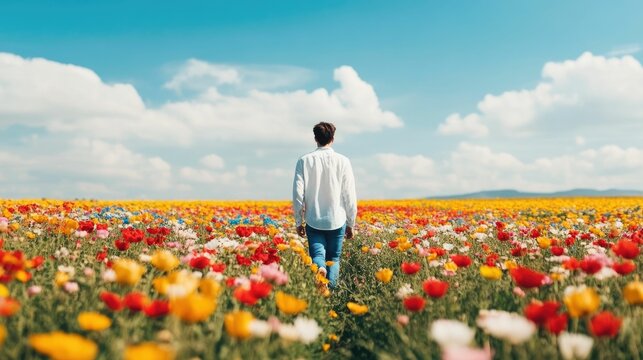A man walks alone through a vast lush field filled with a vibrant array of colorful flowers surrounded by the tranquil beauty of the natural countryside landscape  He appears carefree and joyful