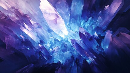 Abstract purple, blue, and white crystal background.