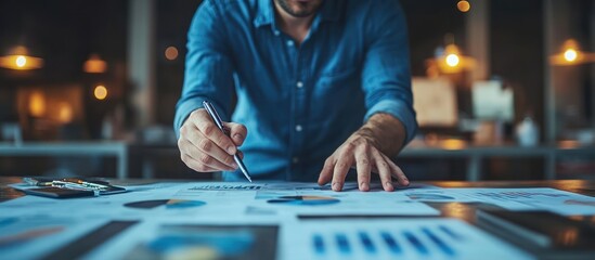 Man analyzing financial data and charts with pen in hand while working at his desk.