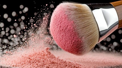 Pink Blush Explosion: Makeup brush releasing a cloud of pink blush powder against a dark background with bokeh.  
