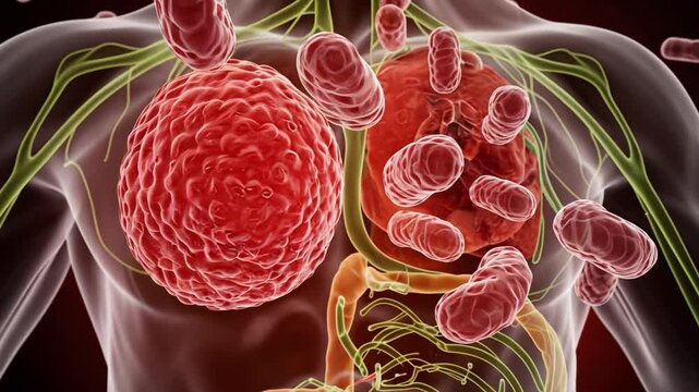 A picture of the immune system fighting bacteria. White blood cells are shown responding to pathogens. The design is for health content and uses bright colors.