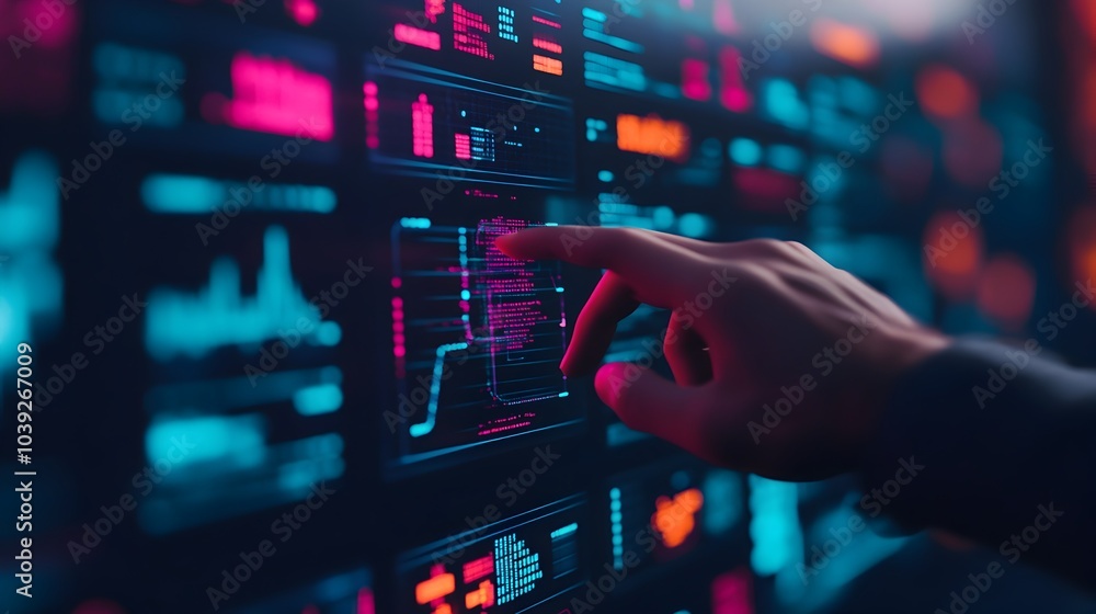 Poster advanced futuristic holographic interface with interactive floating screens glowing neon lines and v