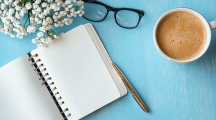 Morning Coffee & Inspiration: A  flat lay featuring a cup of coffee, a notebook, a pen, and a bouquet of white flowers on a blue wooden background.  The open notebook and pen suggest a fresh start.