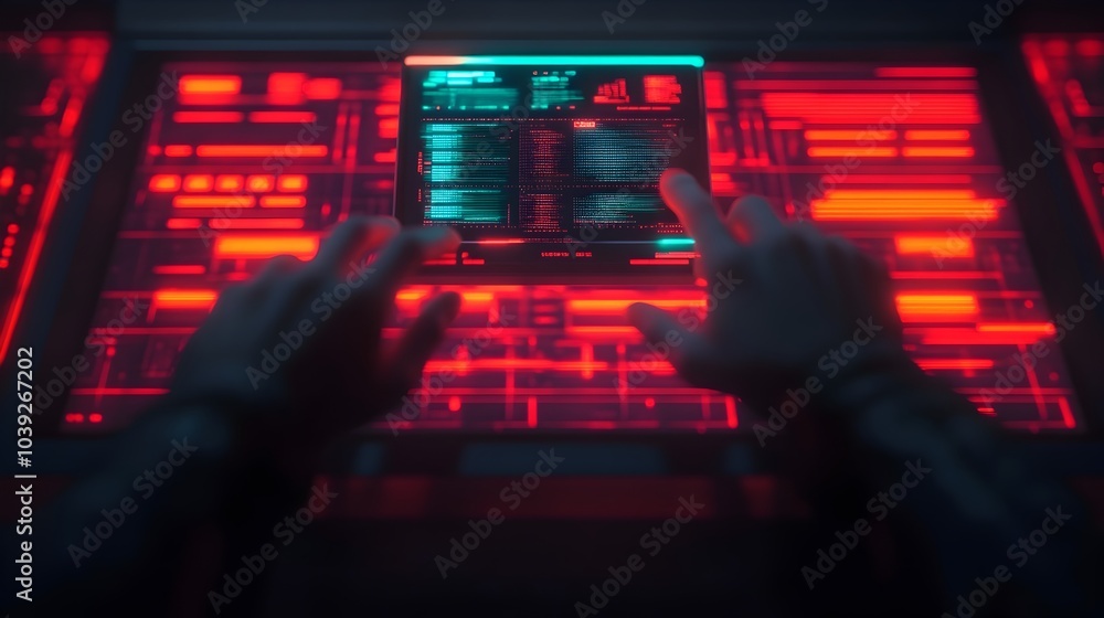 Poster human controlling transparent holographic futuristic interface with glowing 3d data visualizations a