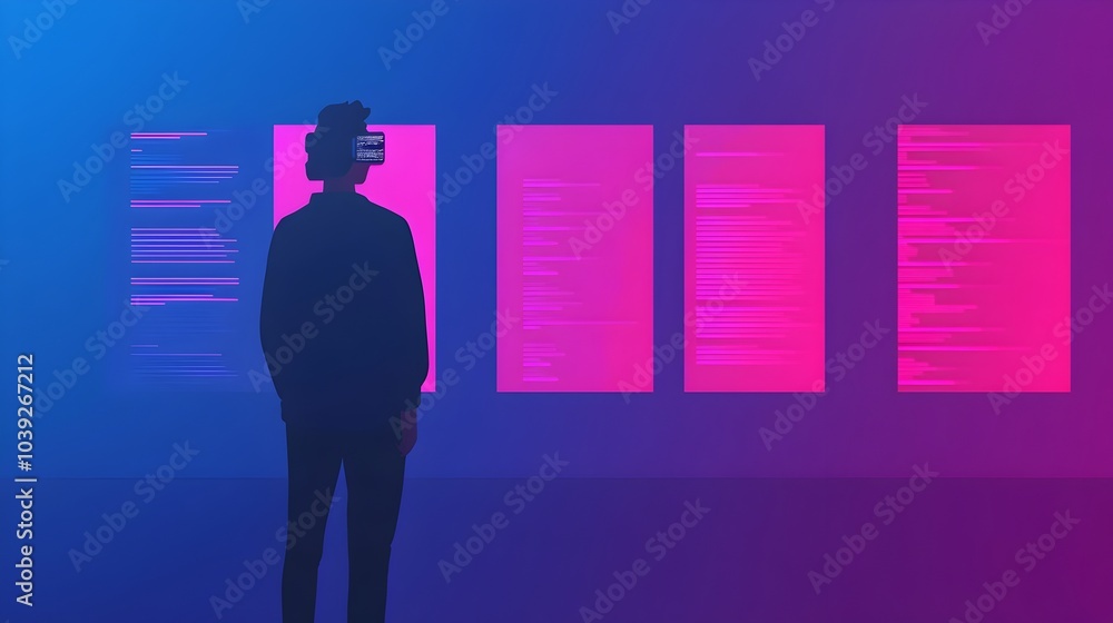 Poster a person interacting with floating holographic panels and glowing ai powered data visualizations in 