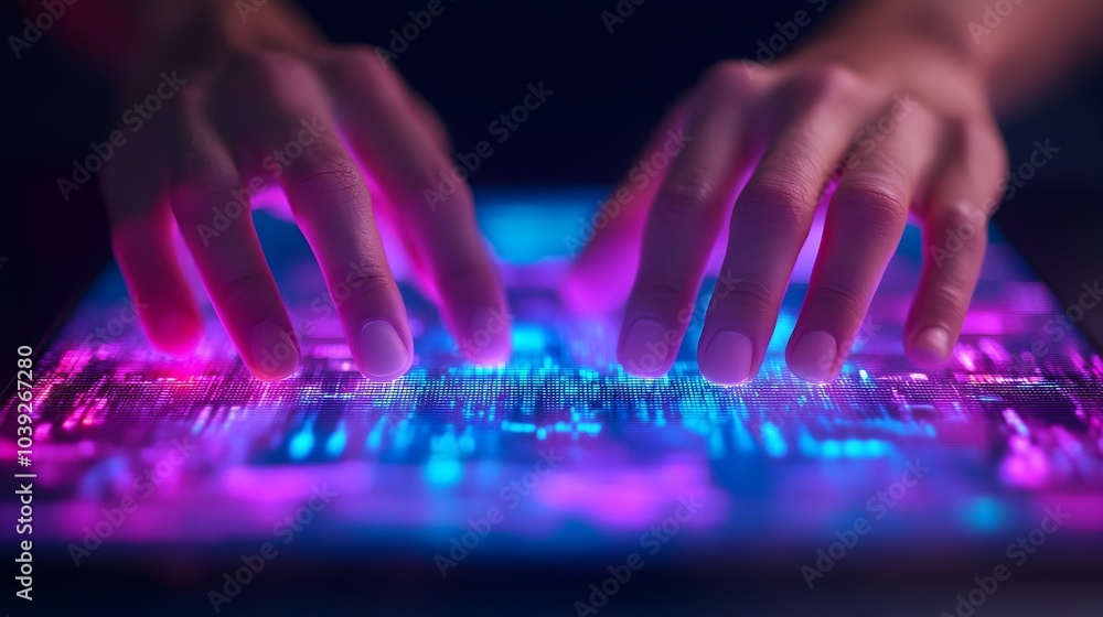 Poster close up of human hands interacting with a transparent holographic panel surrounded by floating 3d d