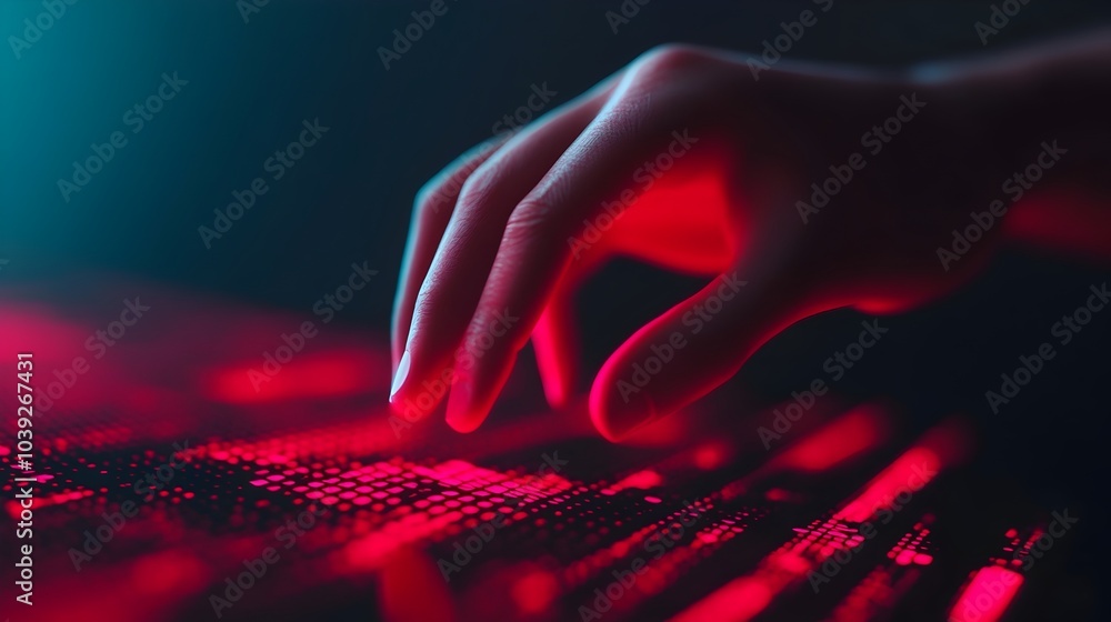 Poster a 3d rendered image showcasing hands touching and manipulating advanced holographic controls in a mi