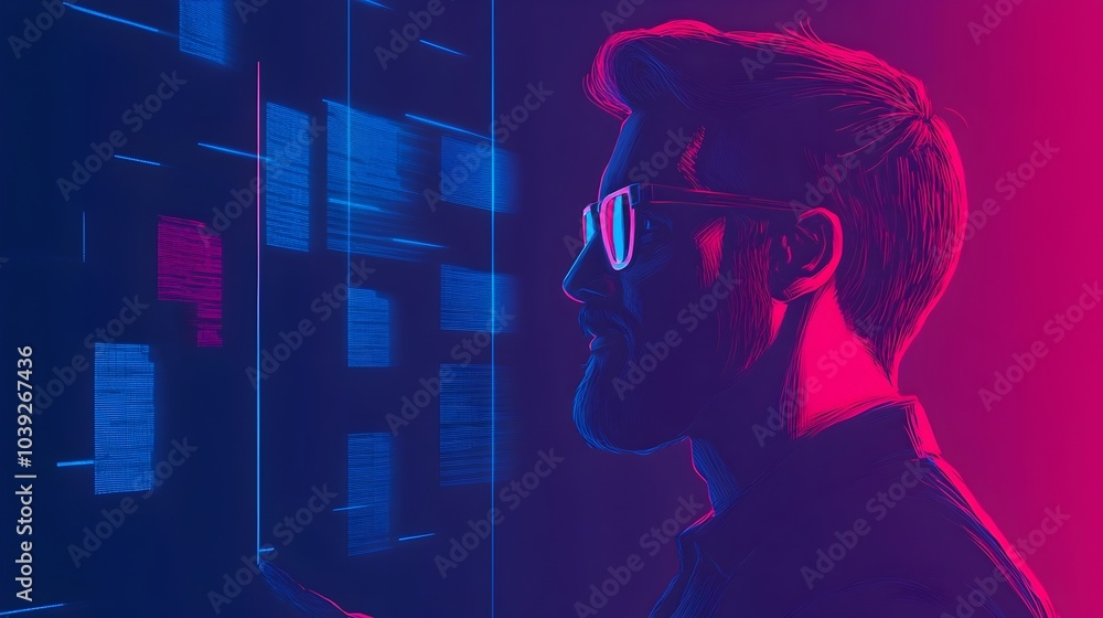 Poster futuristic digital depicting a human interacting with transparent holographic screens surrounded by 