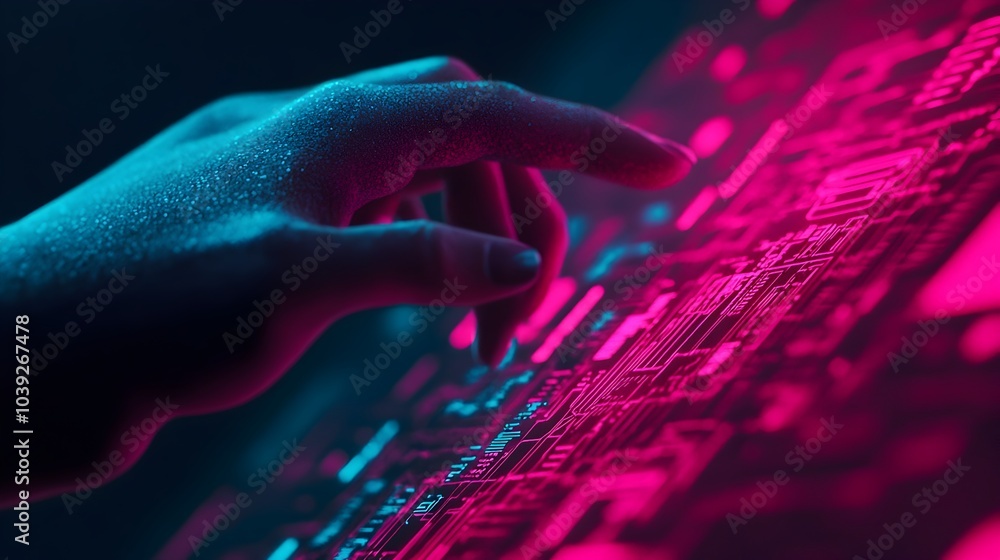 Poster person manipulating a futuristic holographic interface surrounded by glowing data points and lines i
