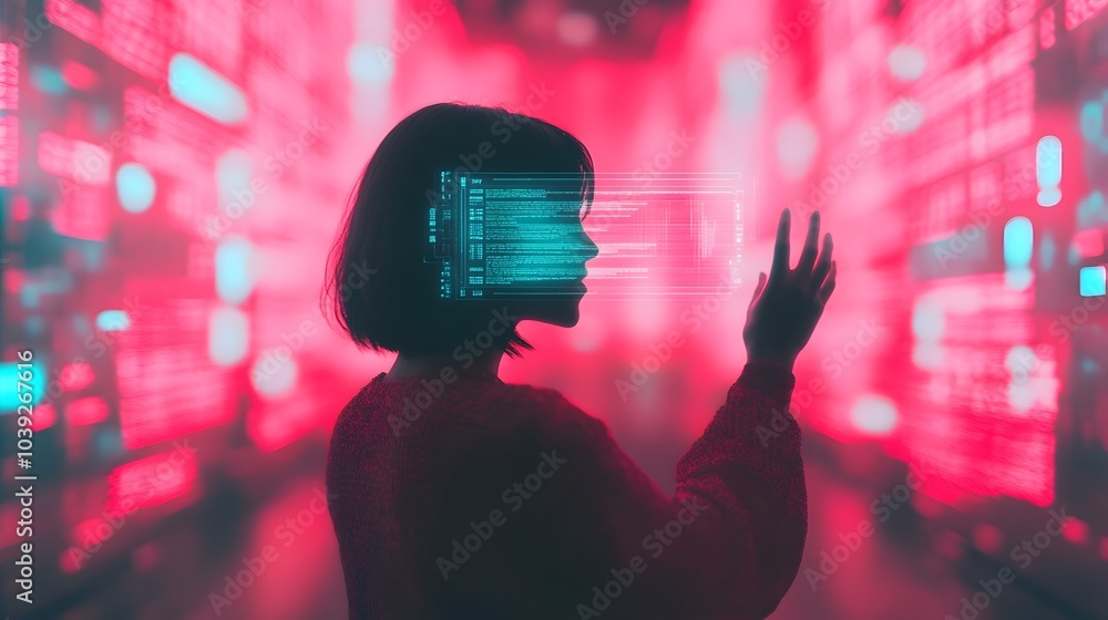Poster immersive scene of a person interacting with holographic data visualizations and glowing hud element