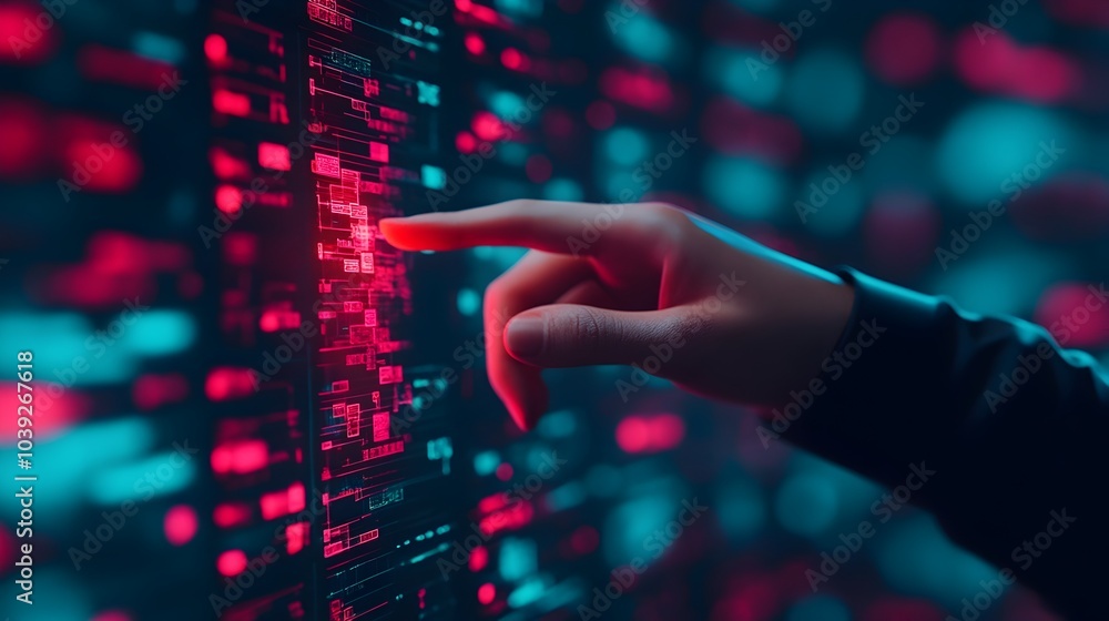 Poster a person interacting with holographic data visualizations glowing hud elements floating in a neon li