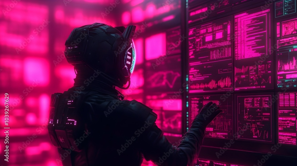 Poster a person interacting with glowing holographic data visualizations floating hud elements in a neon li