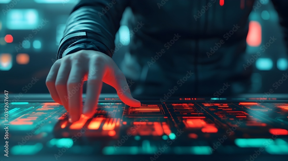 Poster person swiping through transparent holographic displays surrounded by glowing data elements set in a