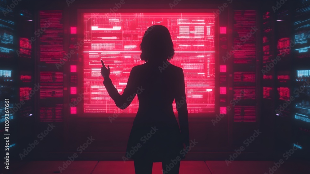 Aufkleber person swiping through transparent holographic displays surrounded by glowing data elements in a min
