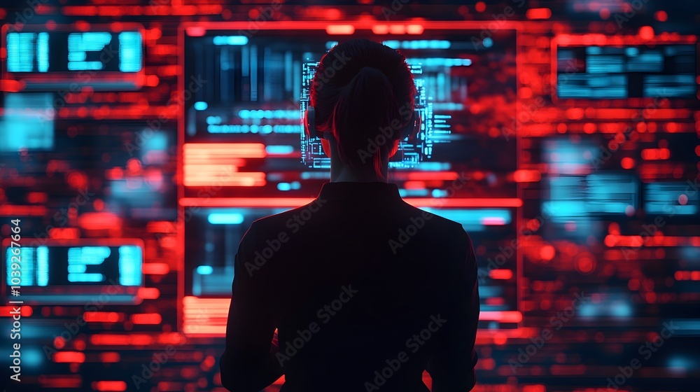 Poster a person swiping through transparent holographic displays surrounded by glowing data elements set in