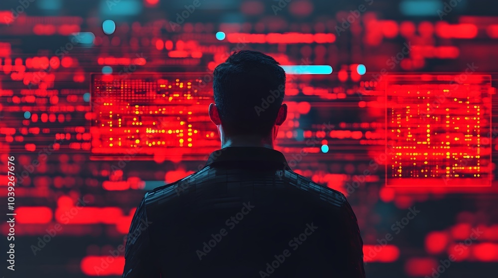 Poster digital human figure manipulating and controlling floating holographic screens glowing data points a