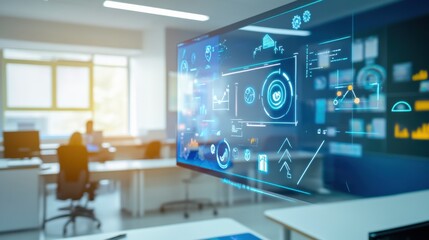 An interactive educational setup with a digital whiteboard and holographic learning aids in a classroom, Modern education theme, Innovative style