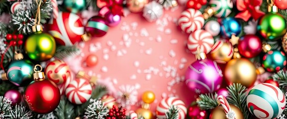 Christmas Ornaments Wreath on Pink Background