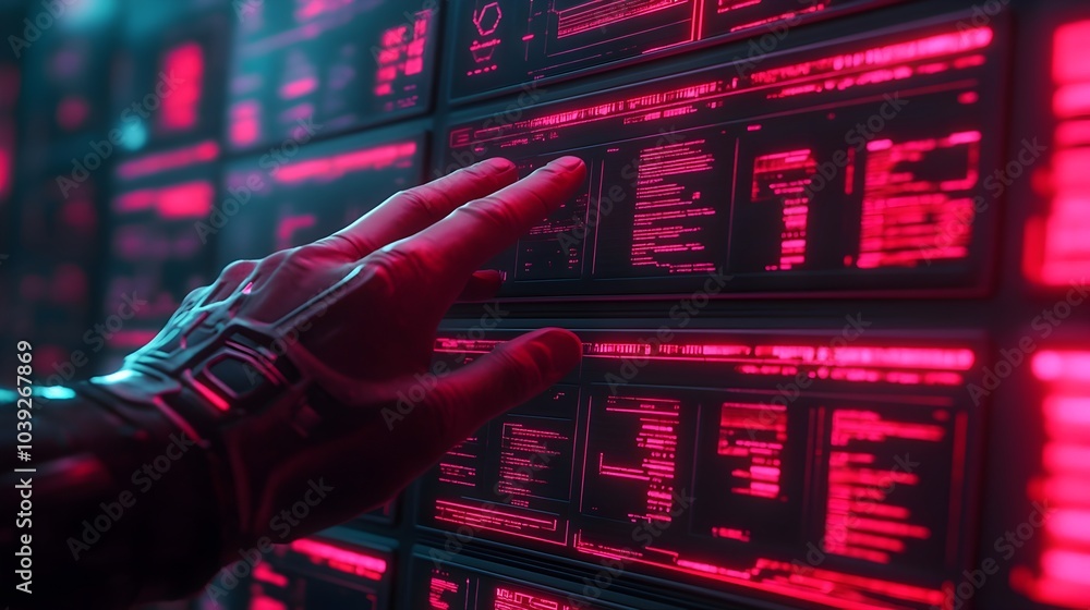 Poster close up view of human hands interacting with holographic data panels surrounded by futuristic glowi