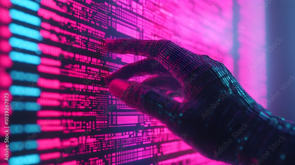 Poster close up view of hands swiping through a series of futuristic glowing holographic data panels featur
