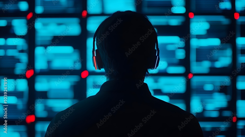 Poster silhouetted figure controlling a array of transparent holographic screens surrounded by glowing hud 