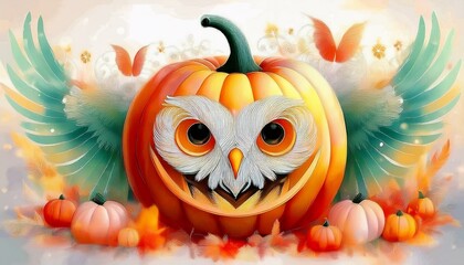 Fototapeta premium Intricate Owl Carving on Jack O' Lantern Illustration