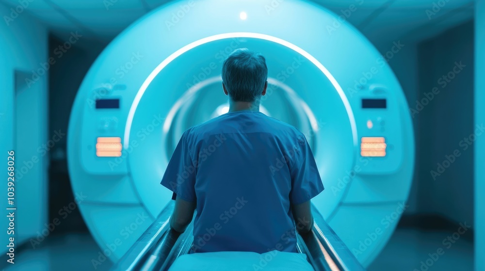 Poster radiology technician operating a ct scanner in a dimly lit medical facility with the scanner illumin
