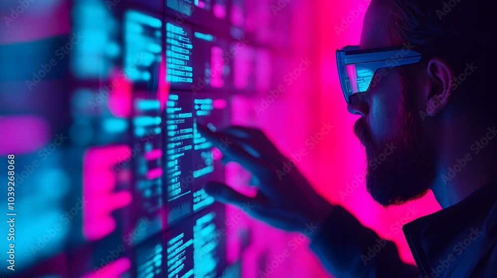 Aufkleber human controlling transparent holographic screens with glowing data visualizations and elements floa