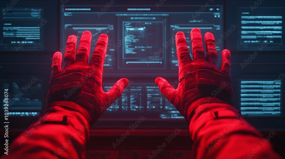 Poster hands reaching out and touching a glowing digital holographic interface surrounded by hud elements a